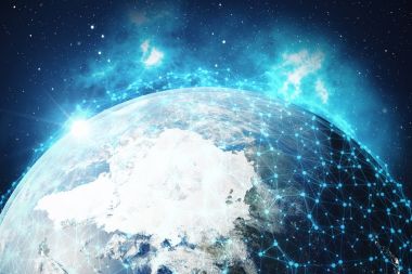 3D render küresel ağ ve veri değişimi. Bağlantı etrafında dünya küre hatları. Çaplı uluslararası Connectivity. Nasa tarafından döşenmiş bu görüntü unsurları