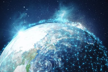 3D render küresel ağ ve veri değişimi. Bağlantı etrafında dünya küre hatları. Çaplı uluslararası Connectivity. Nasa tarafından döşenmiş bu görüntü unsurları