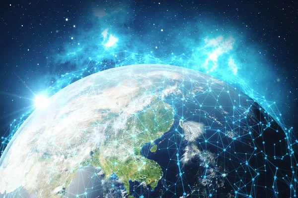 Renderização 3D Rede e troca de dados sobre o planeta Terra no espaço. Linhas de conexão em torno do globo terrestre. Global International Connectivity, Elementos desta imagem fornecidos pela NASA . — Fotografia de Stock