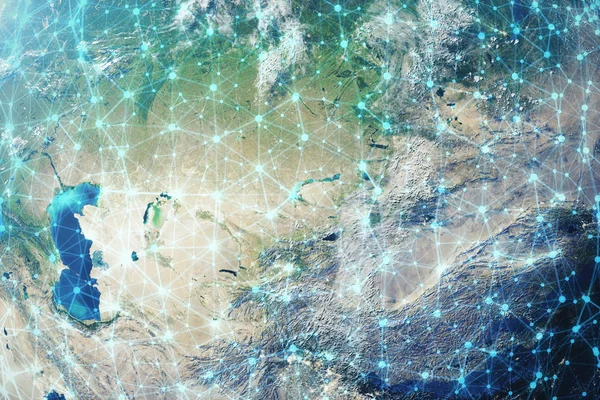 Representación 3D Intercambio de datos y redes sobre el planeta tierra en el espacio. Líneas de conexión alrededor de Earth Globe. Global International Connectivity, Elementos de esta imagen proporcionados por la NASA . —  Fotos de Stock