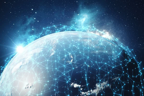 Representación 3D Intercambio de datos y redes sobre el planeta tierra en el espacio. Líneas de conexión alrededor de Earth Globe. Global International Connectivity, Elementos de esta imagen proporcionados por la NASA . —  Fotos de Stock