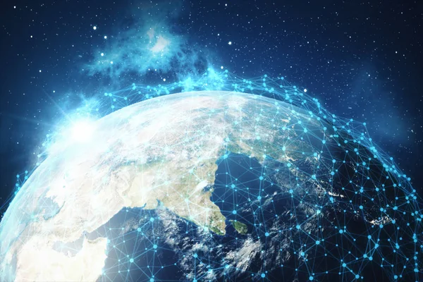 3d 呈现全局网络背景。连接线与地球周围的点。全球国际连通性。地球从空间与星和星云, 这张图片的元素由 Na 提供 — 图库照片