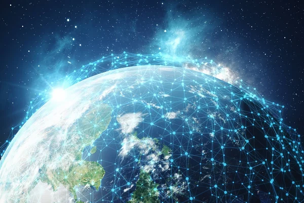 3D rendering Global Network háttér. Csatlakozó vezetékek a pontok körül a Föld gömb. Globális nemzetközi kapcsolatok. Föld, hely, csillagok és a köd, elemek-ez a kép által Na — Stock Fotó