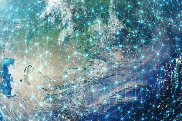 3D-Rendering globaler Netzwerk-Hintergrund. Verbindungslinien mit Punkten rund um den Erdball. globale internationale Vernetzung. Erde aus dem All mit Sternen und Nebel, Elemente dieses Bildes, das von na — Stockfoto