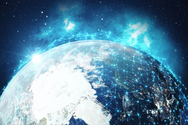 3D render uzayda Dünya gezegeni üzerinde ağ ve veri değişimi. Bağlantı etrafında dünya küre hatları. Çaplı uluslararası Connectivity. Nasa tarafından döşenmiş bu görüntü unsurları — Stok fotoğraf