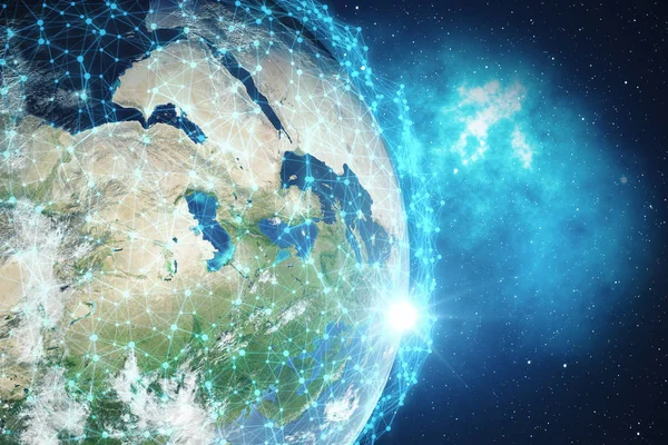 Representación 3D Red Global e Intercambio de Datos. Líneas de conexión alrededor de Earth Globe. Conectividad internacional global. Elementos de esta imagen proporcionados por la NASA —  Fotos de Stock
