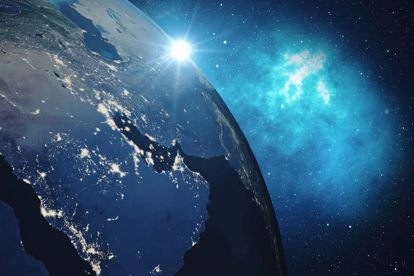พื้นหลังเครือข่ายระดับโลก 3 มิติ บลูซันไรซ์วิวจากอวกาศค่ะ การเชื่อมต่อระหว่างประเทศทั่วโลก โลกจากอวกาศกับดาวและเนบิวลา องค์ประกอบของภาพนี้ที่จัดทําโดยนาซ่า — ภาพถ่ายสต็อก