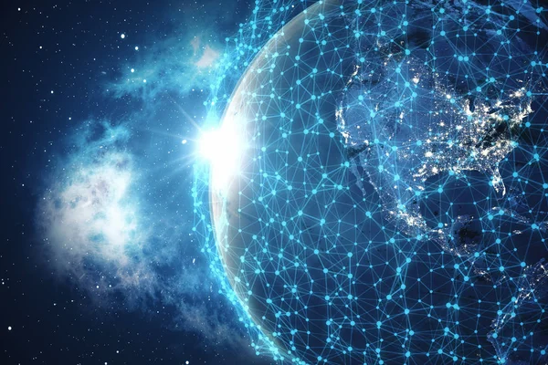 3D-Rendering globaler Netzwerk-Hintergrund. Verbindungslinien mit Punkten rund um den Erdball. globale internationale Vernetzung. Erde aus dem All mit Sternen und Nebel. Elemente dieses Bildes geliefert von na — Stockfoto