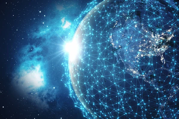 3D Rendering Global Network Background. Connection Lines with Dots Around Earth Globe. Connectivité internationale globale. Terre de l'espace avec étoiles et nébuleuse. Eléments de cette image fournis par NA — Photo