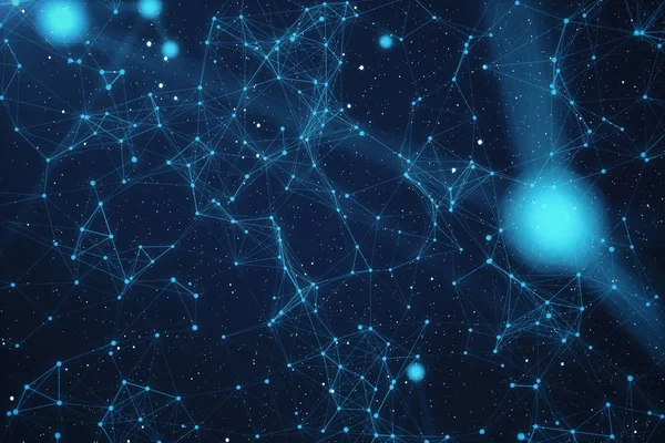 Representación 3D Conexión tecnológica Forma futurista, Red de puntos azules, Fondo abstracto, Fondo azul con estrellas y nebulosa, Concepto de red . — Foto de Stock
