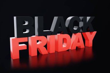 3D render Black Friday, satış mesaj dükkanı için. İş atlamalı depolamak afiş için siyah Cuma. Siyah Cuma satış yazıt tasarım şablonu. Banner tasarımınız için