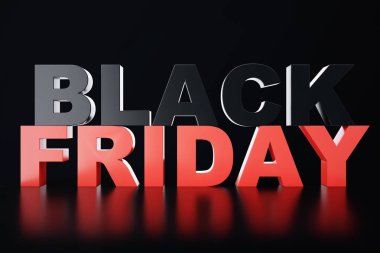 3D render Black Friday, satış mesaj dükkanı için. İş atlamalı depolamak afiş için siyah Cuma. Siyah Cuma satış yazıt tasarım şablonu. Banner tasarımınız için