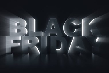 3D render Black Friday, satış mesaj dükkanı için. İş atlamalı depolamak afiş için siyah Cuma. Siyah Cuma satış yazıt tasarım şablonu. Banner tasarımınız için