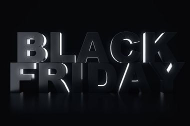 3D render Black Friday, satış mesaj dükkanı için. İş atlamalı depolamak afiş için siyah Cuma. Siyah Cuma satış yazıt tasarım şablonu. Banner tasarımınız için