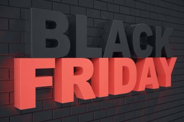 3D render Black Friday, satış mesaj dükkanı için. İş atlamalı depolamak afiş için siyah Cuma. Siyah Cuma satış yazıt tasarım şablonu. Banner tasarımınız için