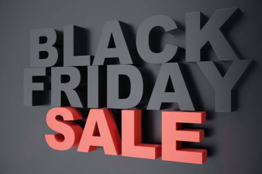 3D render Black Friday, satış mesaj dükkanı için. İş atlamalı depolamak afiş için siyah Cuma. Siyah Cuma satış yazıt tasarım şablonu. Banner tasarımınız için
