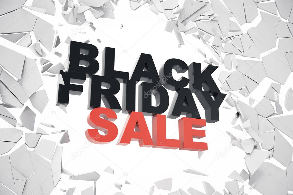 3D Rendering Black Friday, sale message for shop. Business hopping store banner for Black Friday. Black Friday crushing ground. 3D text breaking through wall.