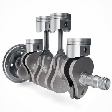 3D render V4 motor piston ve beyaz arka plan üzerinde izole cog. Pistonlar ve krank mili. Dört silindirli motor. V4 araba motoru. Modern araba motoru kavramı.
