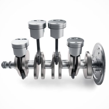 3D render V4 motor piston ve beyaz arka plan üzerinde izole cog. Pistonlar ve krank mili. Dört silindirli motor. V4 araba motoru. Modern araba motoru kavramı.