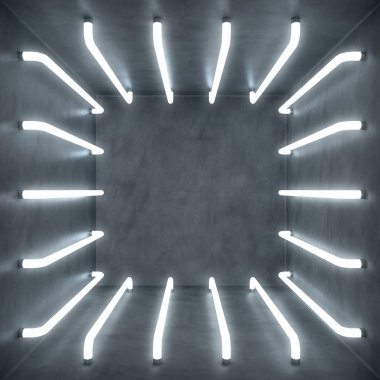 beyaz bir parlaklık neon lambalar ile 3D illüstrasyon Soyut Beyaz Oda iç. Fütüristik mimarisi arka plan. Beton duvar ile boş beyaz kutu. Mock-up tasarım projesi.