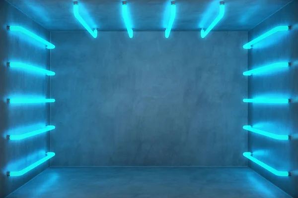 Mavi neon lambalar ile 3D illüstrasyon soyut mavi oda iç. Fütüristik mimarisi arka plan. Beton duvar ile kutu. Mock-up tasarım projesi, — Stok fotoğraf