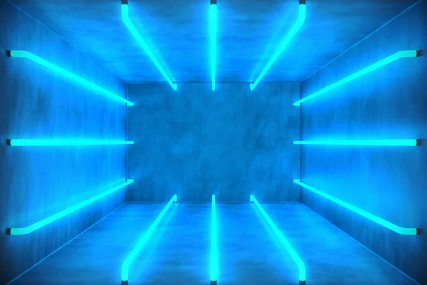 3D απεικόνιση αφηρημένο μπλε εσωτερικό δωματίου με λαμπτήρες νέον μπλε. Φουτουριστική αρχιτεκτονική φόντο. Κουτί με τσιμεντένιο τοιχίο. Μακέτα για το έργο του σχεδιασμού σας, — Φωτογραφία Αρχείου