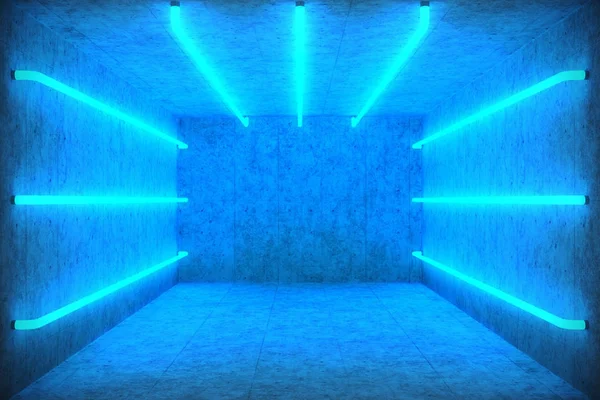 3d 그림 추상 블루 룸 인테리어 블루 네온 램프. 미래 건축 배경입니다. 콘크리트 벽을 가진 상자. 디자인 프로젝트에 대 한 모형, — 스톡 사진
