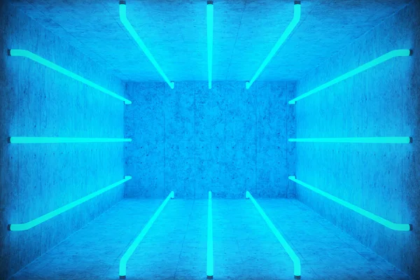 3D Abstrakcja ilustracja niebieski pokój wnętrze z niebieskie neonówki. Futurystyczna architektura tło. Pudełko z betonową ścianą. Makiety do projektu konstrukcji, — Zdjęcie stockowe