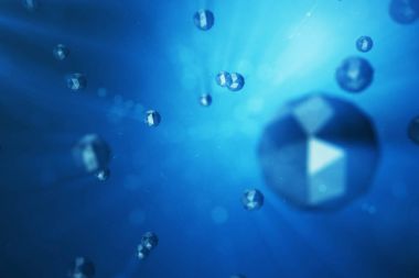 kaotik düşük Poli küre 3D resimde arka plan. Parçacık tozlu uzayda. Alan etkisi, bokeh ve hacim ışık derinliği ile fütüristik mavi arka plan.