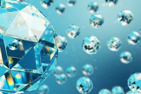 3D mücevher veya elmas oluşan kaotik düşük Poli küre arka plan illüstrasyon. Parçacık tozlu uzayda. Alan etkili, bokeh derinliği ile fütüristik arka plan. — Stok fotoğraf