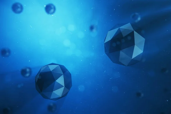3D απεικόνιση αφηρημένα φόντο χαοτικές χαμηλής poly σφαίρες. Σωματιδίων στο σκονισμένο χώρο. Μπλε φουτουριστικό φόντο με βάθους πεδίου επίδραση, bokeh και ένταση φωτός. — Φωτογραφία Αρχείου