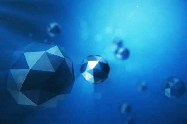 3 d イラスト カオスの低ポリ球の抽象的な背景。埃っぽい空間の粒子。フィールド効果、ボケ味、ボリューム ライトの深さと青い未来的な背景. — ストック写真