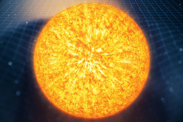 Ilustração 3D A gravidade do Sol dobra o espaço ao seu redor. Com efeito bokeh. A gravidade conceitual deforma a grade temporal espacial em torno do universo. Curvatura do espaço-tempo. Elementos desta imagem fornecidos pela NASA . — Fotografia de Stock