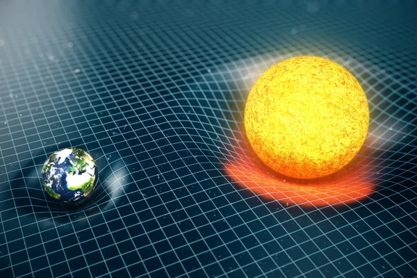 3D απεικόνιση της γης και ήλιου βαρύτητας κάμπτει χώρο γύρω του. Με επίδραση bokeh. Έννοια βαρύτητας παραμορφώνει διάστημα χρόνου πλέγμα γύρω από το σύμπαν. Καμπυλότητα του χωροχρόνου. Στοιχεία αυτής της εικόνας επιπλωμένα από τη Nasa — Φωτογραφία Αρχείου