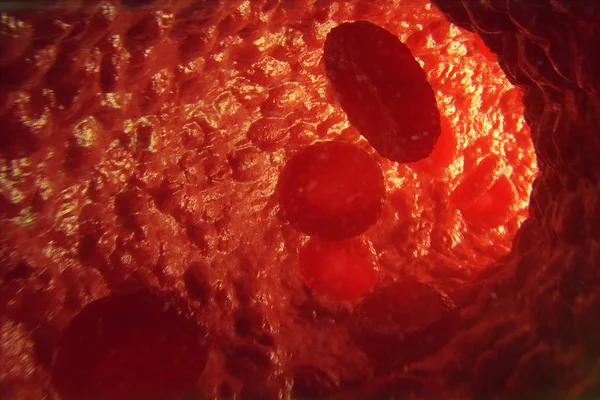 Czerwonych ciałek krwi w żyle lub tętnicy, przepływu wewnątrz wewnątrz organizmu żywego, ilustracja 3d — Zdjęcie stockowe