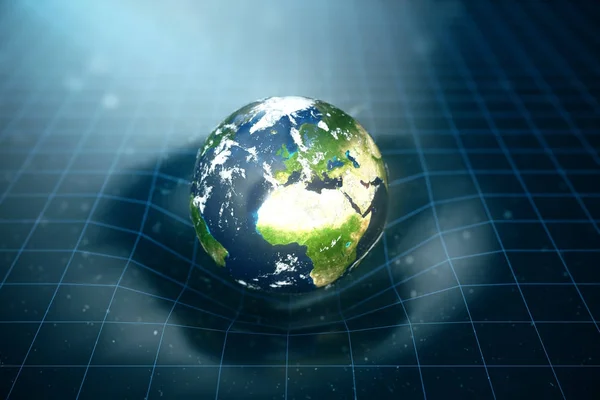 3D illustration Earth\'s gravity bends space around it. With bokeh effect. Concept gravity deforms space time grid around universe. Spacetime curvature. Elements of this image furnished by NASA.