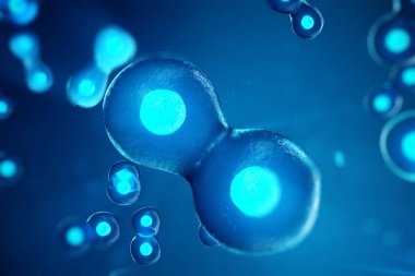 Mavi arka plan üzerinde insan ya da hayvan hücreleri. Kavram erken sahne embriyo tıp bilimsel kavram, kök hücre araştırma ve tedavi. 3D çizim.