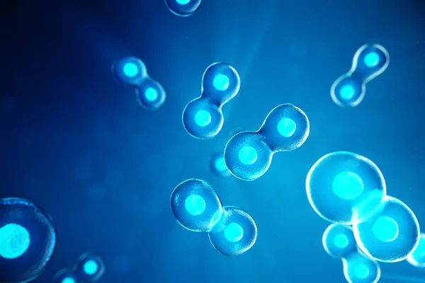 Menschliche oder tierische Zellen auf blauem Hintergrund. Konzept Frühstadium Embryonenmedizin wissenschaftliches Konzept, Stammzellenforschung und -behandlung. 3D-Illustration. — Stockfoto