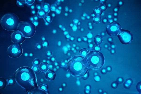 Ανθρώπινων ή ζωικών κυττάρων σε μπλε φόντο. Έννοια πρώιμο στάδιο εμβρύου ιατρική επιστημονική έννοια, έρευνα κυττάρων μίσχων και θεραπεία. 3D απεικόνιση. — Φωτογραφία Αρχείου