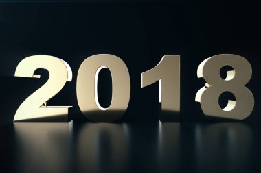 siyah bir zemin üzerine altın bir metin yansıma yerdeki ile 3D Illustration. 3D metin 2018 mutlu yeni yıl, altın metin