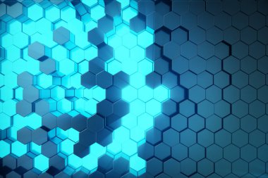 3D illüstrasyon soyut mavi ışık ışınları ile fütüristik yüzey altıgen kalıbı. Mavi renk altıgen arka plan