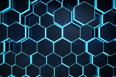 3D illüstrasyon mavi altıgen geometrik arka plan. Öz-parlak mavi renk cilt ışık ışınları ile altıgen yanarak bahislerin doğru yapısını.