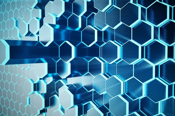 Ilustración Azul Abstracto Patrón Hexágono Superficial Futurista Con Rayos Luz — Foto de Stock