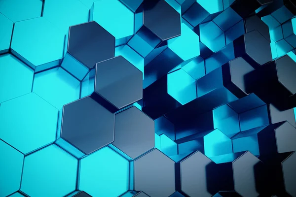 3D illustration blue abstract hexagonal geometric background. Structure of self-luminous hexagons in blue hue with volume light rays.