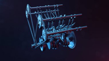 bir içten yanmalı motor 3D Illustration. Motor parçaları, krank, piston, yakıt besleme sistemi. V6 motor piston krank mili siyah bir arka plan ile. Araba motoru içinde gösteren resim.