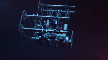 bir içten yanmalı motor 3D Illustration. Motor parçaları, krank, piston, yakıt besleme sistemi. V6 motor piston krank mili siyah bir arka plan ile. Araba motoru içinde gösteren resim.