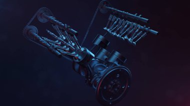bir içten yanmalı motor 3D Illustration. Motor parçaları, krank, piston, yakıt besleme sistemi. V6 motor piston krank mili siyah bir arka plan ile. Araba motoru içinde gösteren resim