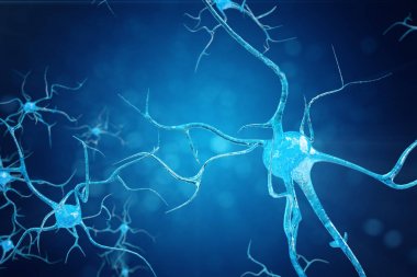 Nöron hücreleri parlayan bağlantı deniz mili ile kavramsal çizimi. SYNAPSE ve Elektrik kimyasal sinyal göndererek nöron hücreleri. Nöron enterkonnekte nöronların elektrik darbeleri, 3d çizim ile