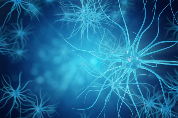 Conceptual illustration of neuron cells with glowing link knots. Synapse and Neuron cells sending electrical chemical signals. Neuron of Interconnected neurons with electrical pulses, 3D illustration