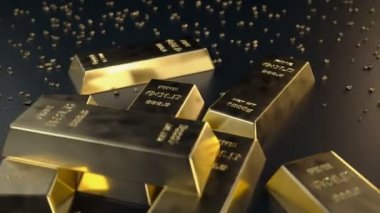 İnce altın 1000 gram altın dağınık parçaları ile katta Bar. Loopable animasyon. Servet kavramı